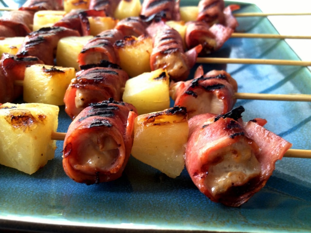 Bacon Wrapped Hawaiian Chicken Skewers