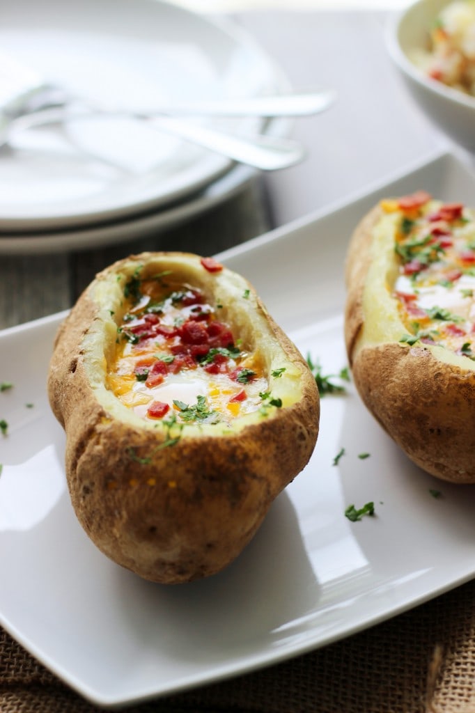 baked eggs in potato bowls