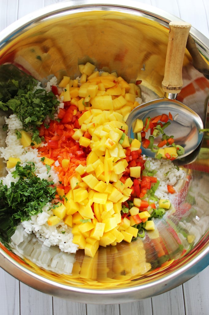 A fresh and delicious tropical mango salad with grilled curry shrimp. Use rice, quinoa, couscous, cauliflower rice or just about any grains!