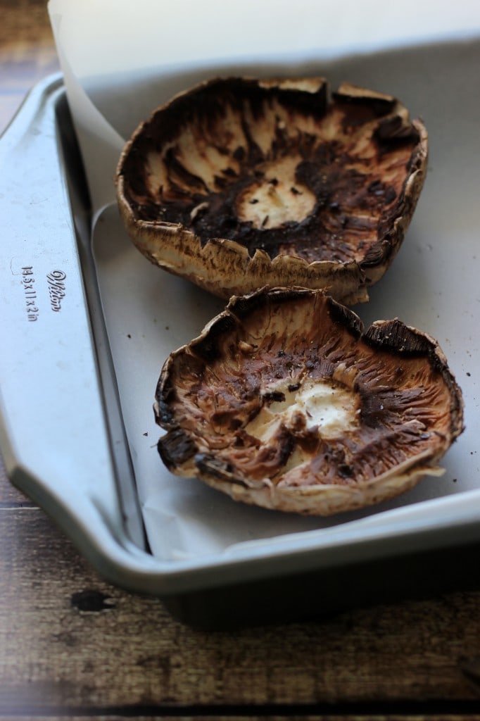 Portobello mushroom caps stuffed with marinara sauce, grape tomatoes, mozzarella and fresh basil.