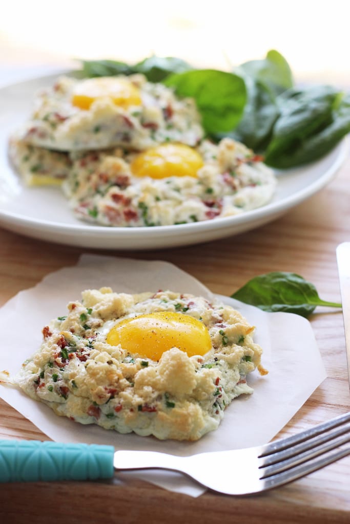 Eggs in clouds make a great, low calorie breakfast with fluffy egg whites baked with crumbled bacon, chives and Parmesan cheese and a nestled egg yolk.