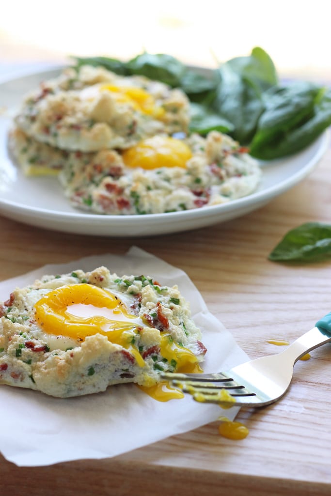 Eggs in clouds make a great, low calorie breakfast with fluffy egg whites baked with crumbled bacon, chives and Parmesan cheese and a nestled egg yolk.