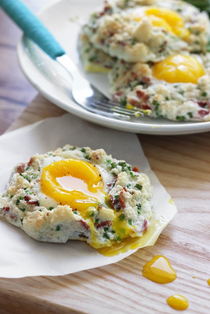 Eggs in clouds make a great, low calorie breakfast with fluffy egg whites baked with crumbled bacon, chives and Parmesan cheese and a nestled egg yolk.
