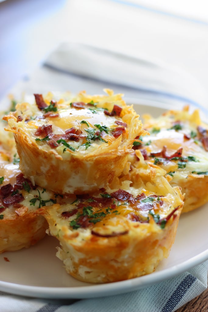 Shredded hash browns and cheese nests baked until crispy topped with a baked eggs, crumbled bacon and more cheese. Served with chilled avocado slices.