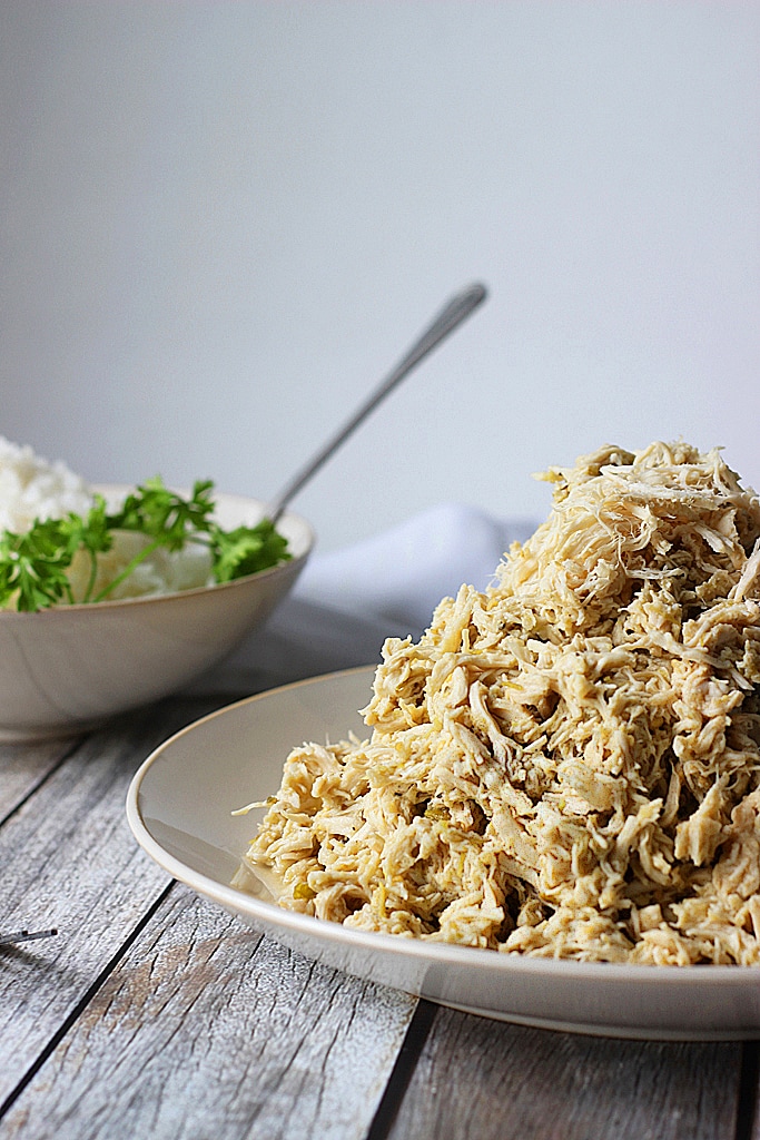 Pulled chicken has never been this easy! Slow cooker salsa verde chicken with tender shreds of chicken meat in a vibrant, fresh and zesty green sauce.