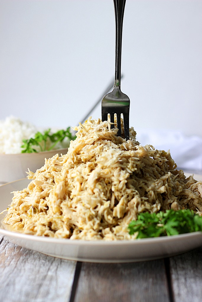 Pulled chicken has never been this easy! Slow cooker salsa verde chicken with tender shreds of chicken meat in a vibrant, fresh and zesty green sauce.