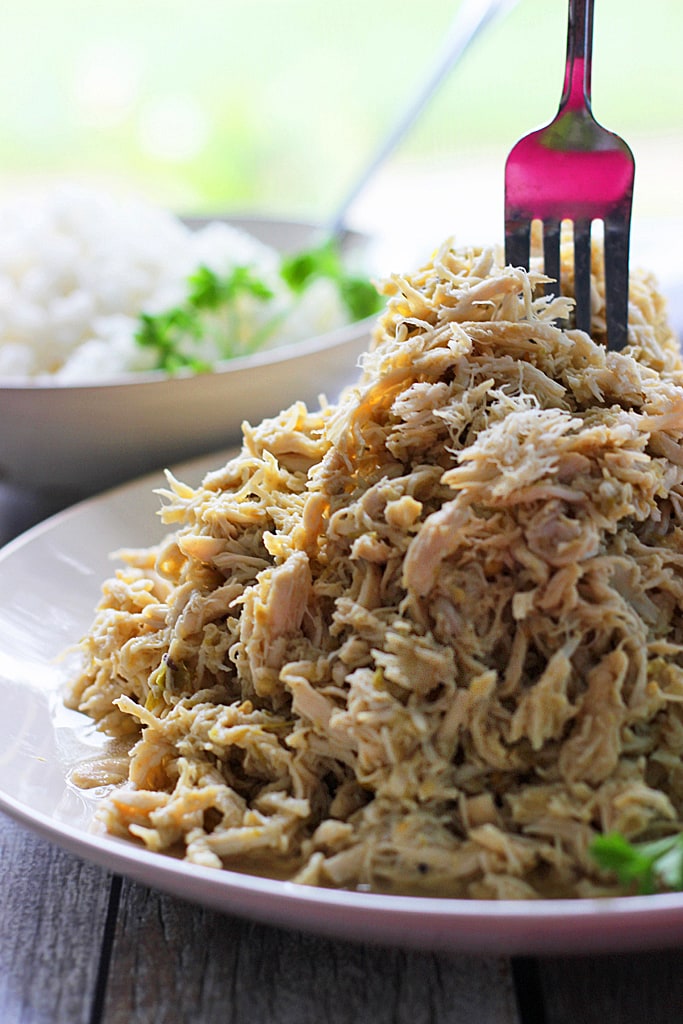 Pulled chicken has never been this easy! Slow cooker salsa verde chicken with tender shreds of chicken meat in a vibrant, fresh and zesty green sauce.