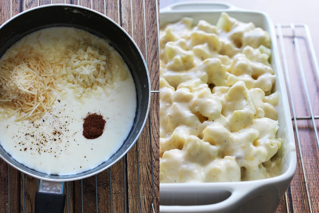 A cheesy, creamy cauliflower Au Gratin casserole with rich Bechamel sauce topped with a crusty layer of breadcrumbs and cheese.