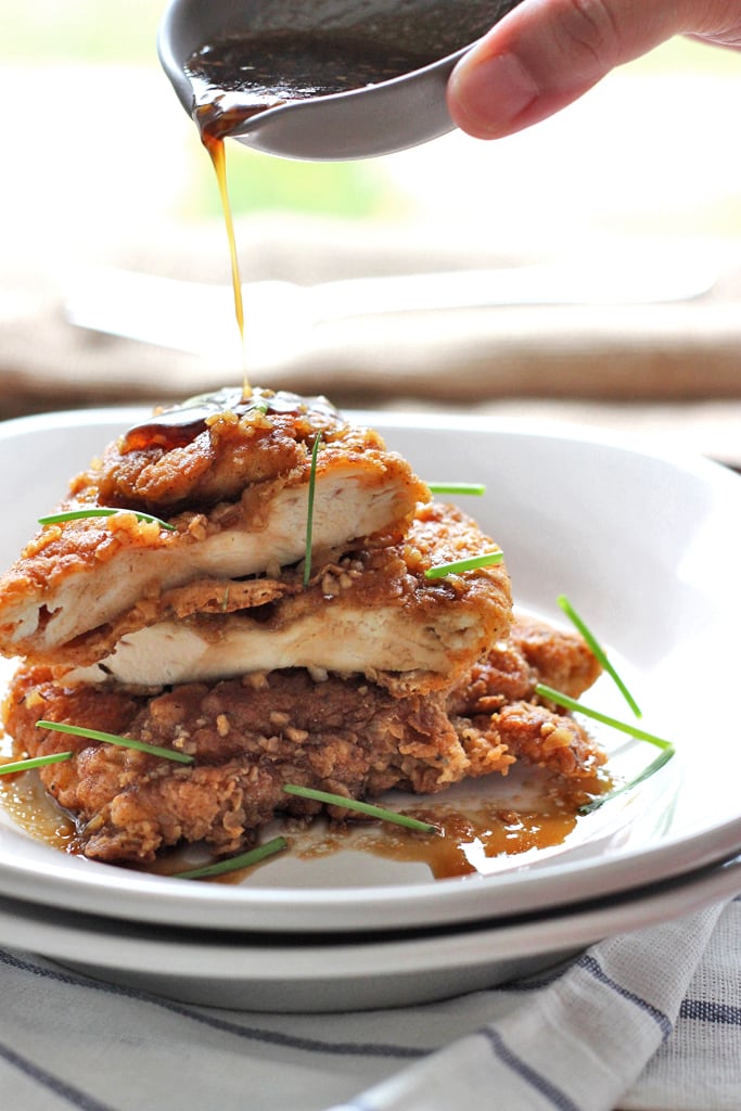 Crispy honey garlic chicken is a fast fix for dinner for two with a double battered spice mix served with honey garlic sauce.