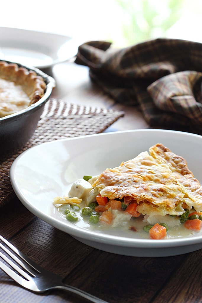 This recipe for skillet chicken pot pie uses one pre-made pie crust as a healthier way to enjoy this classic comfort food.