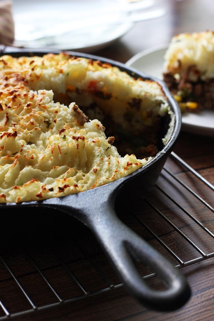 Skillet Shepherd's pie is a great way to enjoy the classic in a one pot: with a beefy base, cheesy middle and topped with a layer of fluffy mashed potatoes.