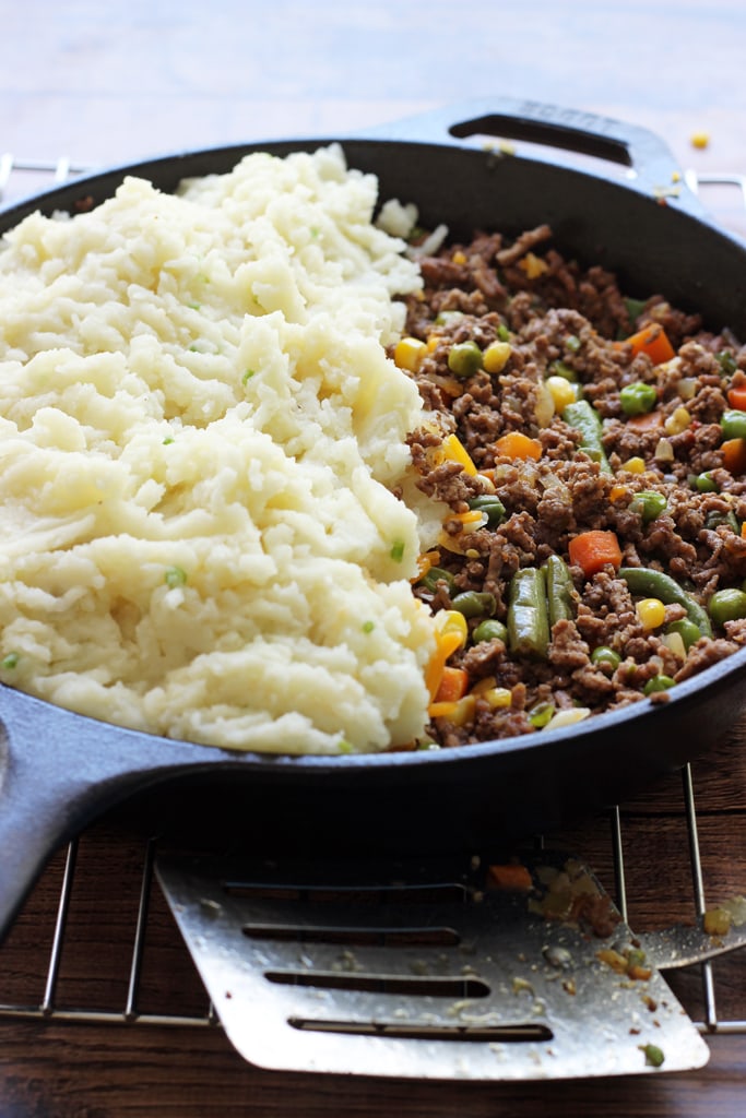 Skillet Shepherd's pie is a great way to enjoy the classic in a one pot: with a beefy base, cheesy middle and topped with a layer of fluffy mashed potatoes.