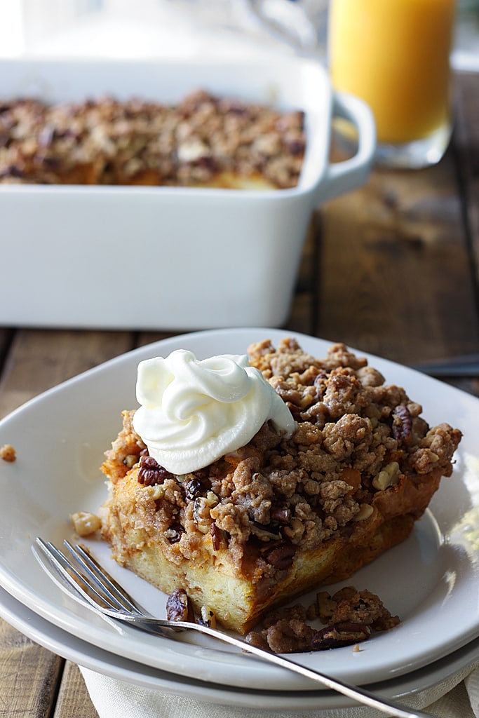 Pumpkin spice french toast casserole is a great fall brunch or dessert loaded with pumpkin and pumpkin pie flavors and a sweet and nutty streusel.