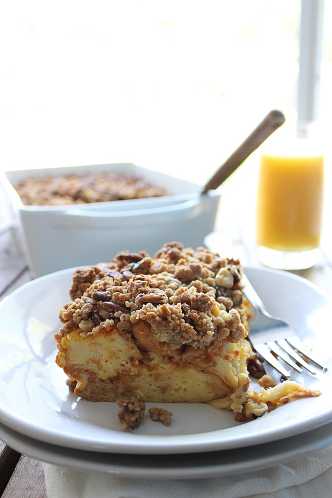Pumpkin spice french toast casserole is a great fall brunch or dessert loaded with pumpkin and pumpkin pie flavors and a sweet and nutty streusel.