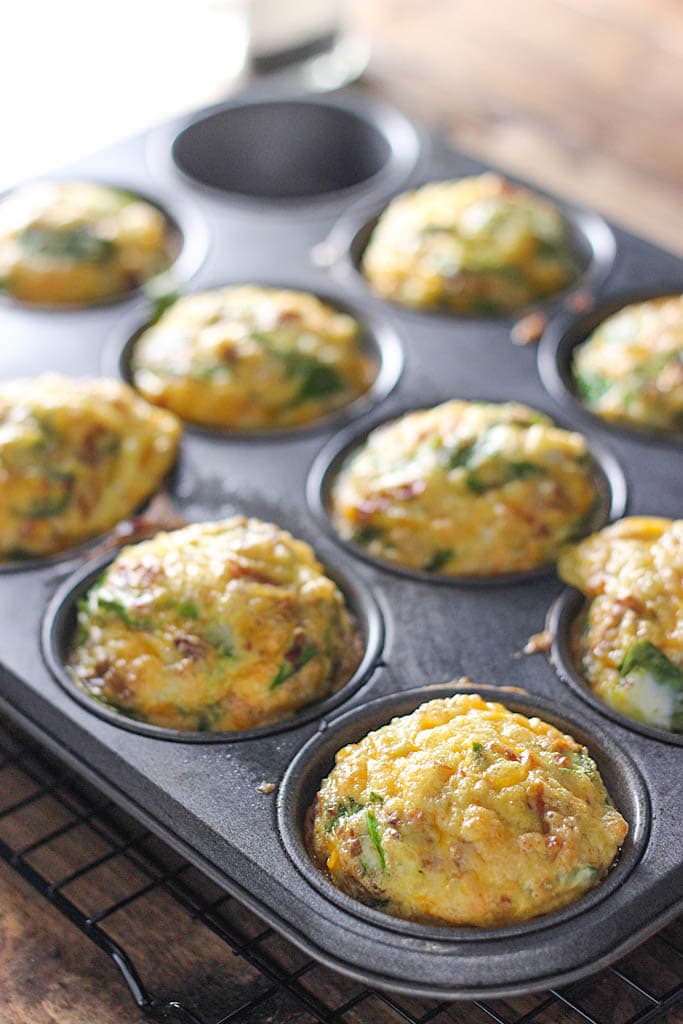 A quick and easy way to get your eggs to go. Loaded with bacon bits, cheddar cheese and spinach!