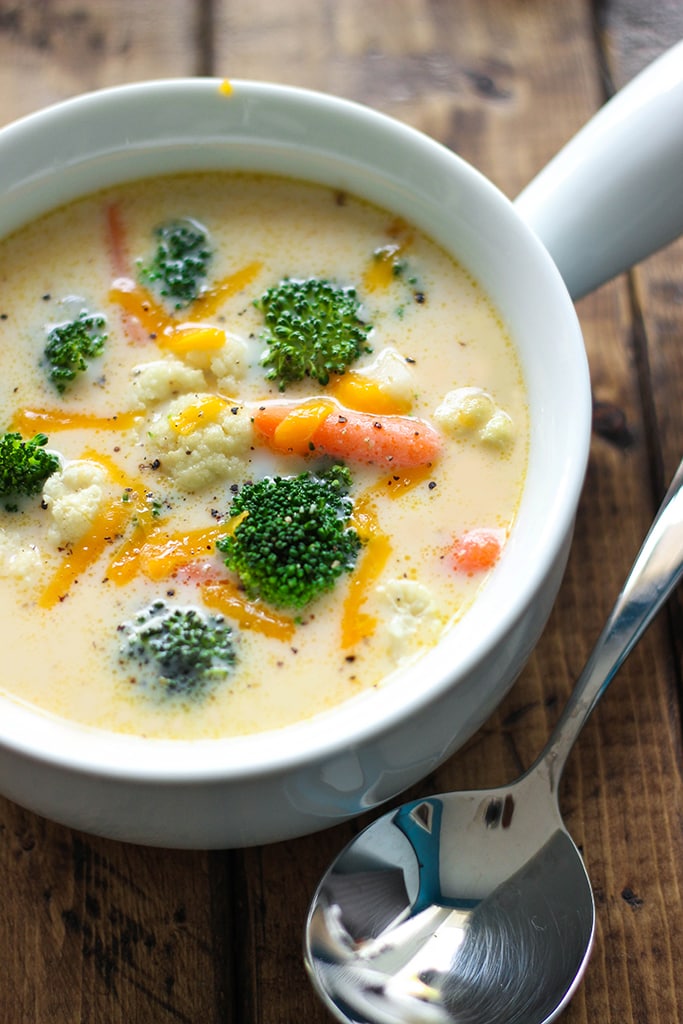 A simple and quick recipe for cheese and veggie chowder. Kid friendly and easy to cook with six ingredients and ready in 30 minutes.