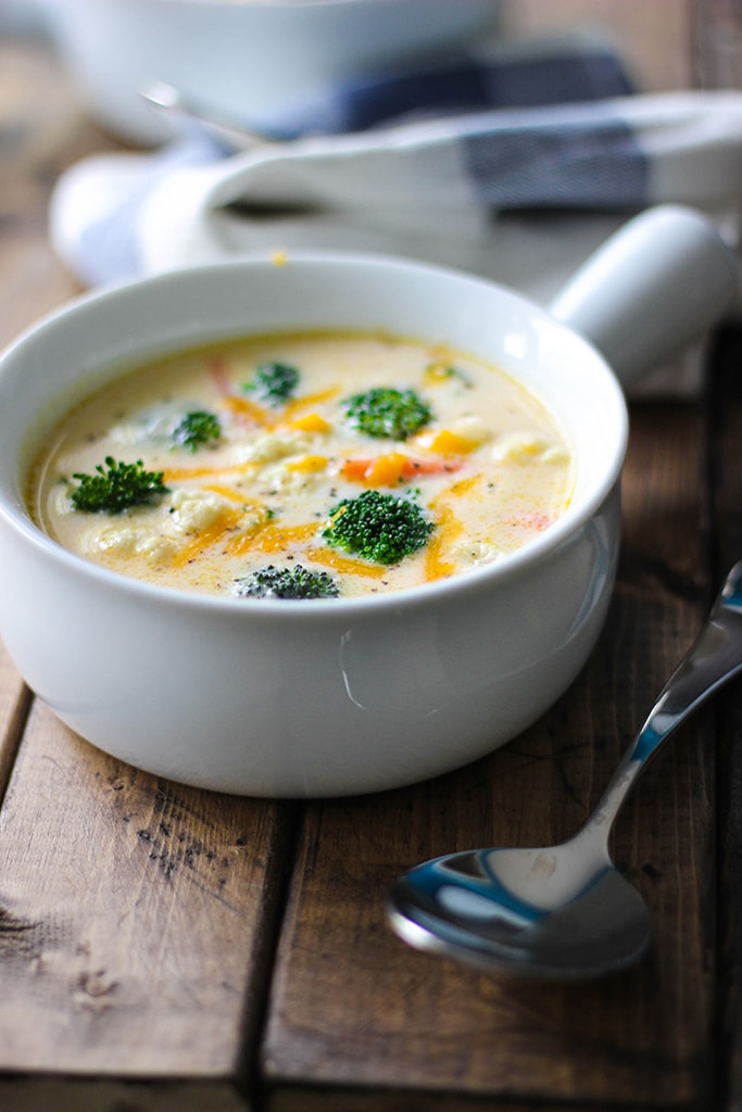 A simple and quick recipe for cheese and veggie chowder. Kid friendly and easy to cook with six ingredients and ready in 30 minutes.