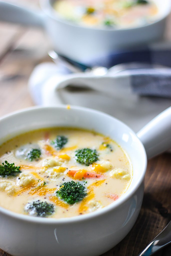 A simple and quick recipe for cheese and veggie chowder. Kid friendly and easy to cook with six ingredients and ready in 30 minutes.
