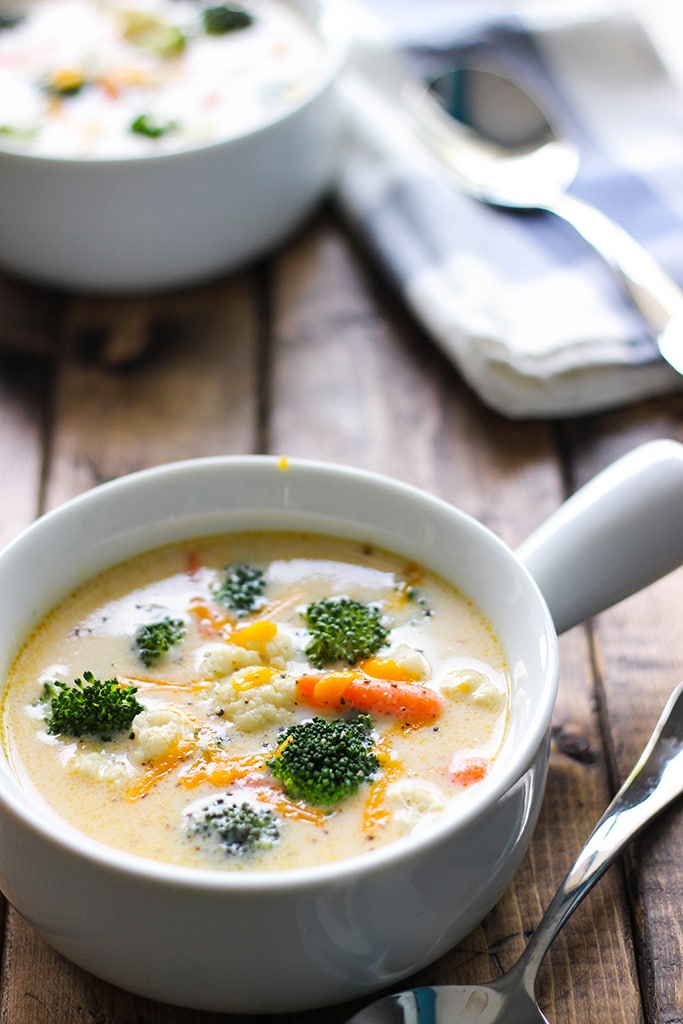 A simple and quick recipe for cheese and veggie chowder. Kid friendly and easy to cook with six ingredients and ready in 30 minutes.