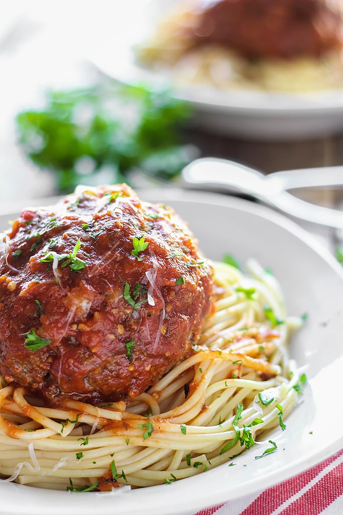 Mozzarella stuffed meatball pasta for two. At half a pound each, one meatball is all you need! Complete with a gooey cheesy center.