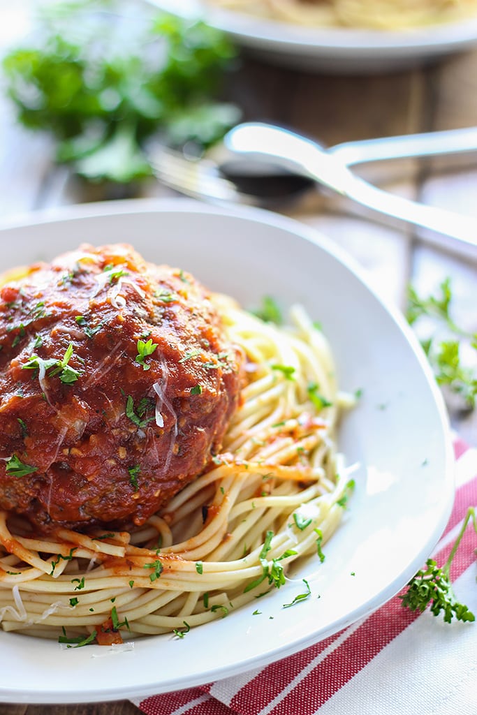 Mozzarella stuffed meatball pasta for two. At half a pound each, one meatball is all you need! Complete with a gooey cheesy center.