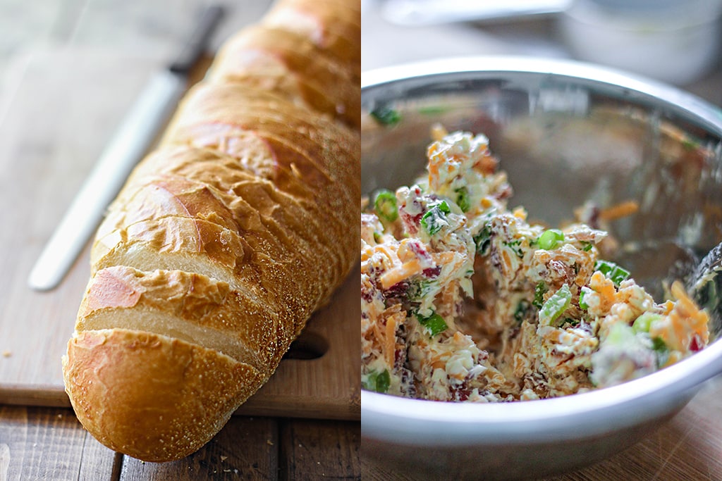 An easy cheesy bacon bread appetizer for a big crowd. With creamy butter, cheddar cheese, bacon pieces and green onions! 