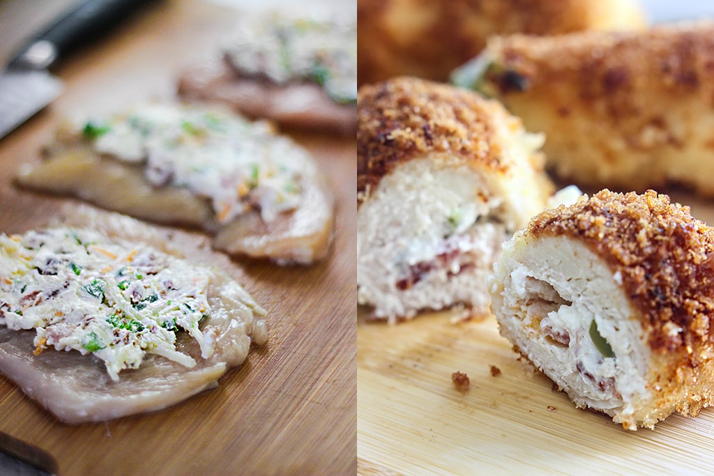 Jalapeno popper chicken is a fun way to snack with cream cheese, bacon bits and jalapenos stuffing in a crispy breaded chicken!