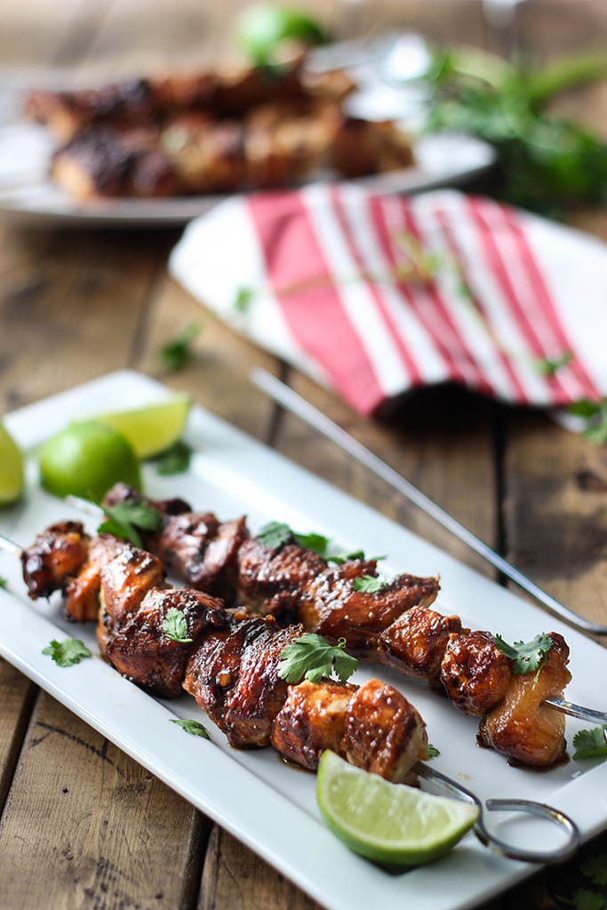 A savory and sweet marinade and baste makes these easy honey garlic chicken skewers perfect for cookouts!