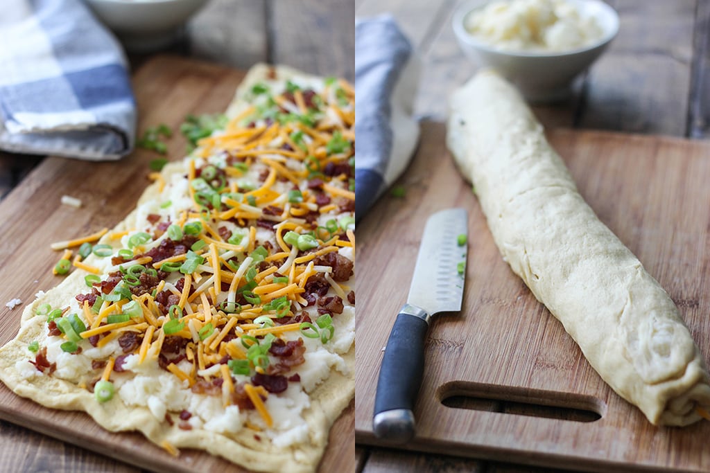 Make a great appetizer with these loaded potato pinwheels. Made form frozen crescent rolls, leftover mashed potatoes, bacon bits and cheese!