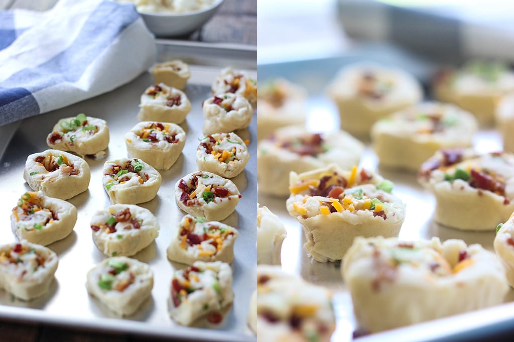 Make a great appetizer with these loaded potato pinwheels. Made form frozen crescent rolls, leftover mashed potatoes, bacon bits and cheese!