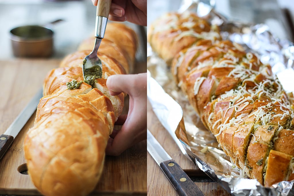 There's plenty of cheese action in this cheesy pesto pull-apart bread. Feed a crowd with this easy 4 ingredient appetizer.