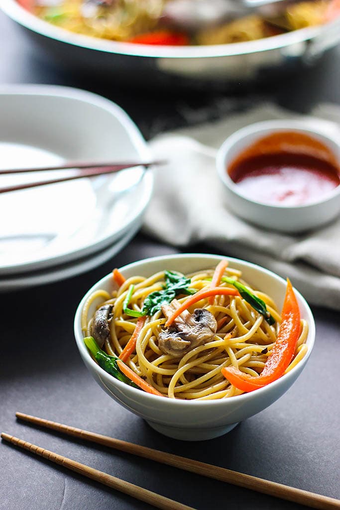 Skip takeout and make this easy vegetable lo mein at home! With easy to get store-bought ingredients.