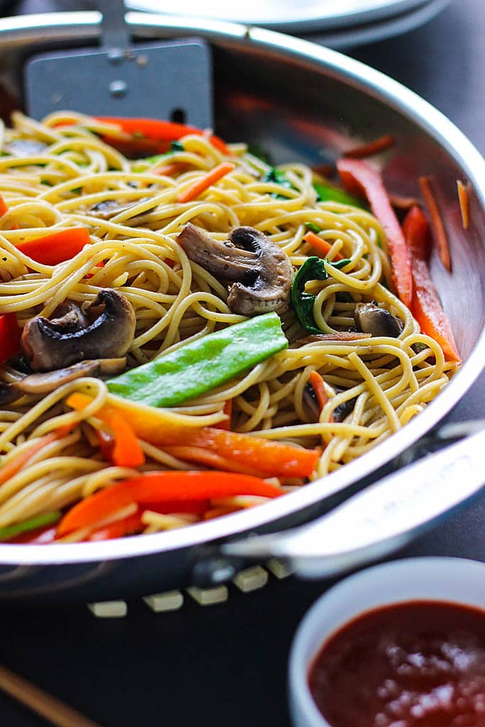 Skip takeout and make this easy vegetable lo mein at home! With easy to get store-bought ingredients.