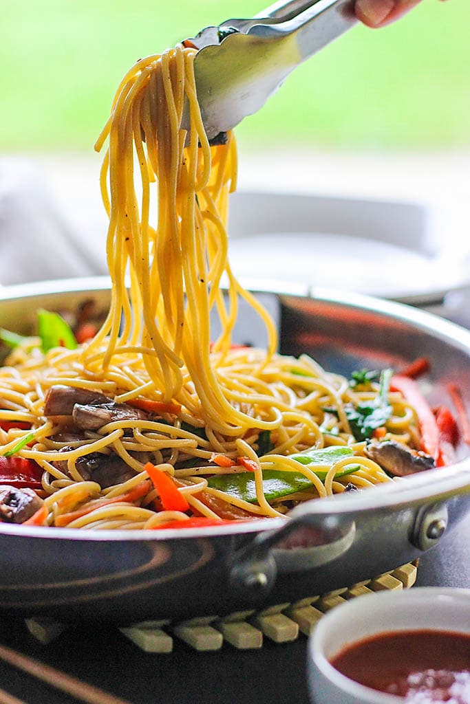 Skip takeout and make this easy vegetable lo mein at home! With easy to get store-bought ingredients.