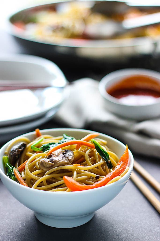 Skip takeout and make this easy vegetable lo mein at home! With easy to get store-bought ingredients.