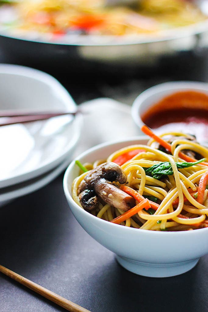 Skip takeout and make this easy vegetable lo mein at home! With easy to get store-bought ingredients.