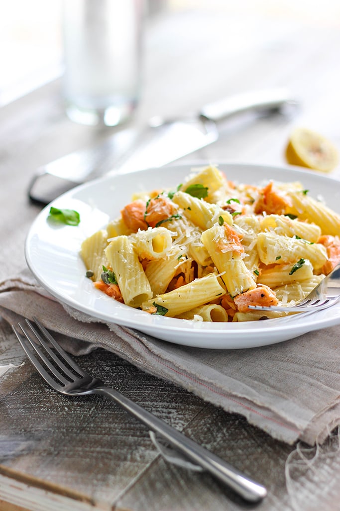 Get into summer full swing with this light lemon garlic pasta with salmon. Full of fresh, summer flavors!