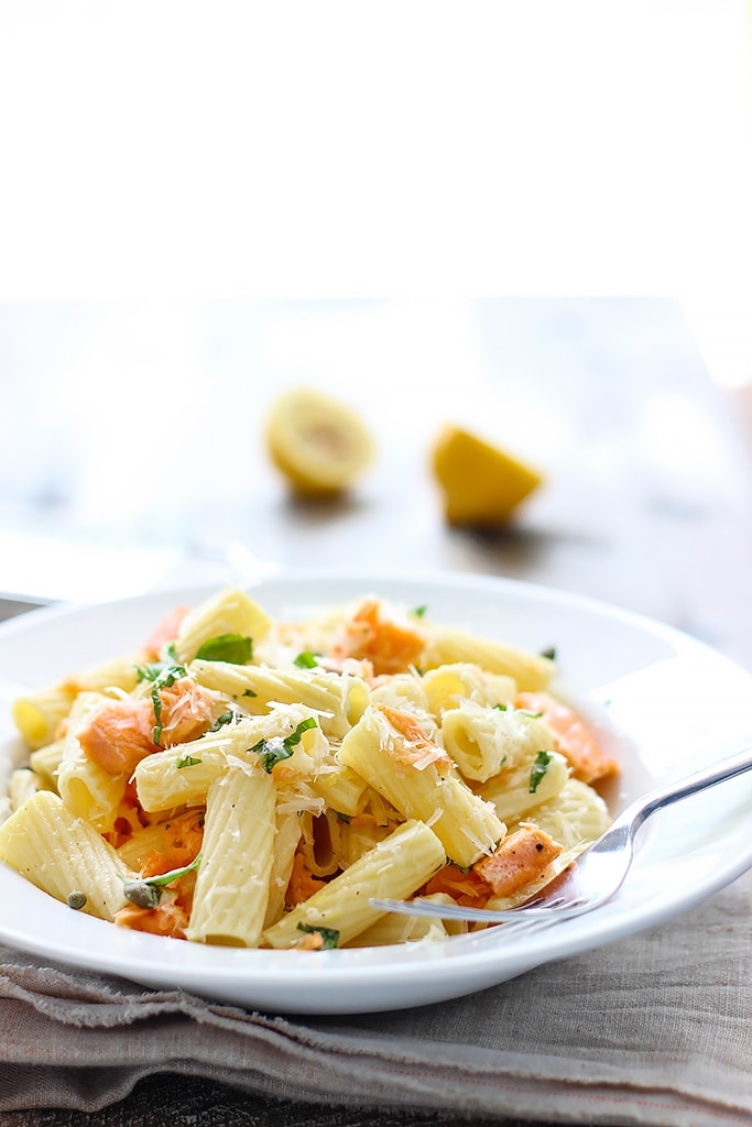 Get into summer full swing with this light lemon garlic pasta with salmon. Full of fresh, summer flavors!