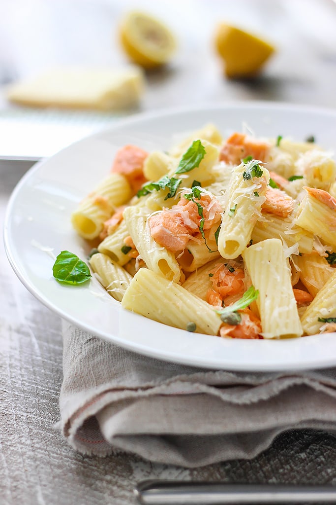 Get into summer full swing with this light lemon garlic pasta with salmon. Full of fresh, summer flavors!