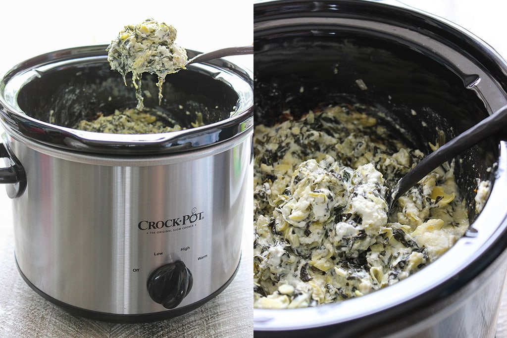 Seriously easy and seriously yummy. This homemade slow cooker spinach and artichoke dip feeds a crowd of ten!