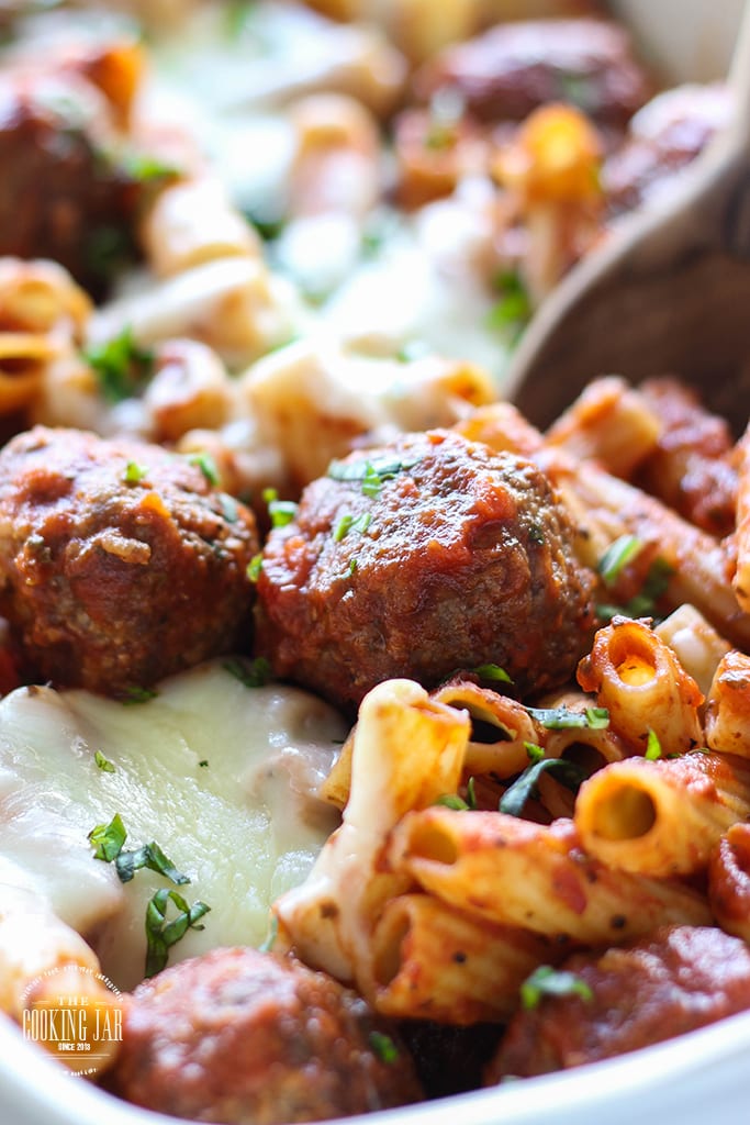 Here's comfort in a bowl. This meatball pasta bake can be a 5 ingredient recipe with store-bought items or with homemade Parmesan meatballs and marinara sauce.