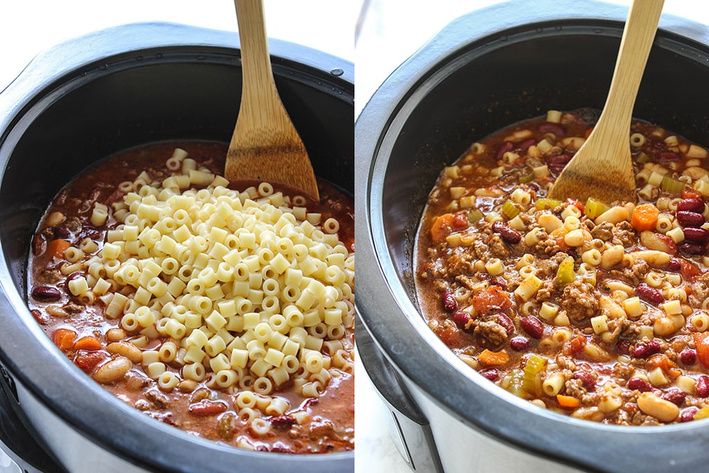 Break out the bowls for some comfort. This slow cooker beef and beans pasta soup has everything you need. Don't forget the Parmesan.