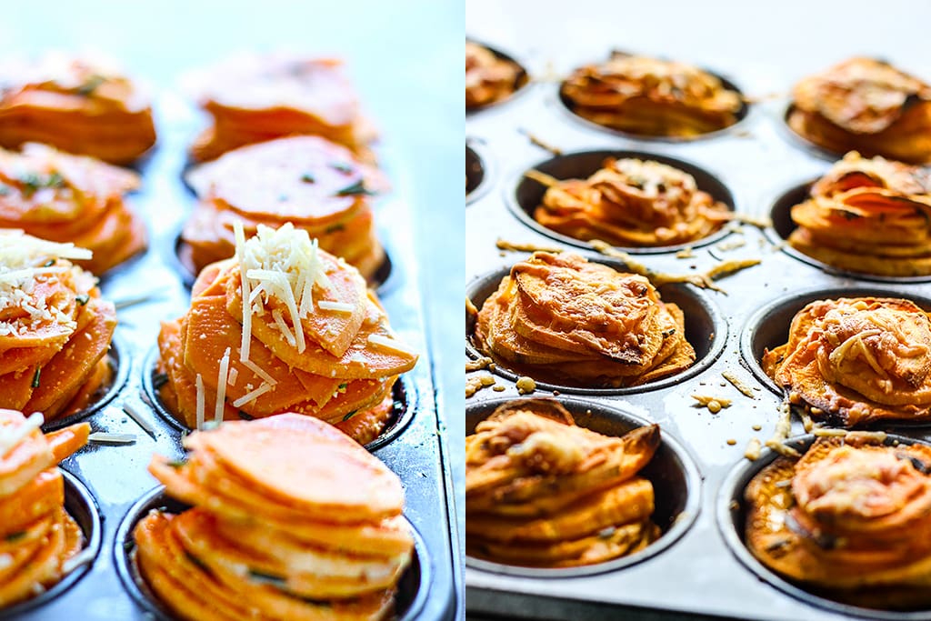 Do things differently with these garlic Parmesan sweet potato stacks. With crispy brown edges and soft tender centers, fresh rosemary, garlic, butter and Parmesan!