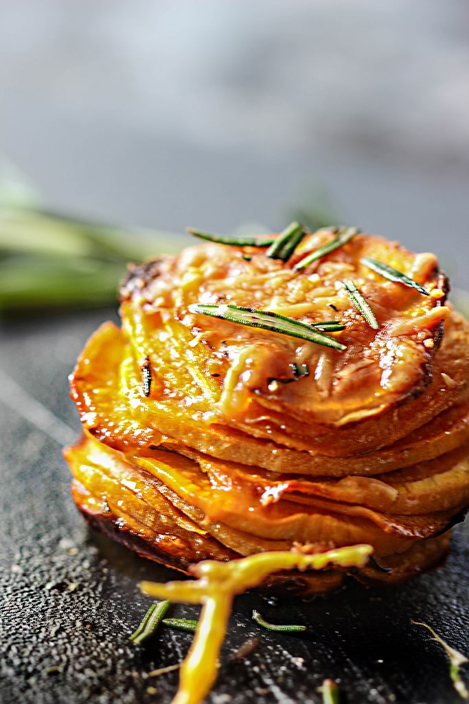 Garlic Parmesan Sweet Potato Stacks - The Cooking Jar