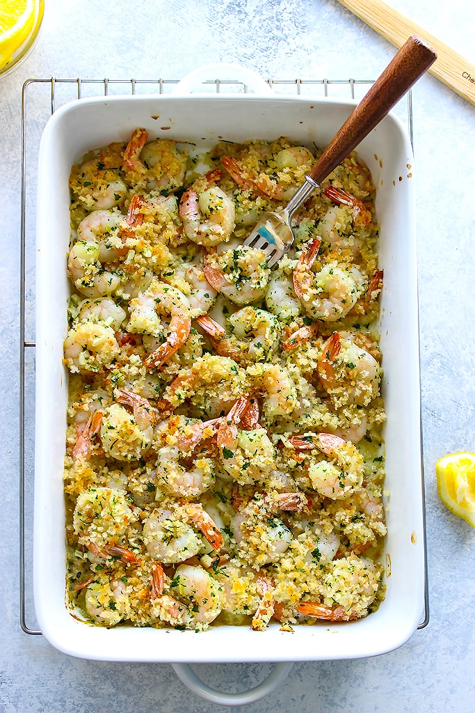 This lemon garlic butter baked shrimp is fresh, crunchy and full of zest. Ready in 20 minutes with easy to get store-bought ingredients!