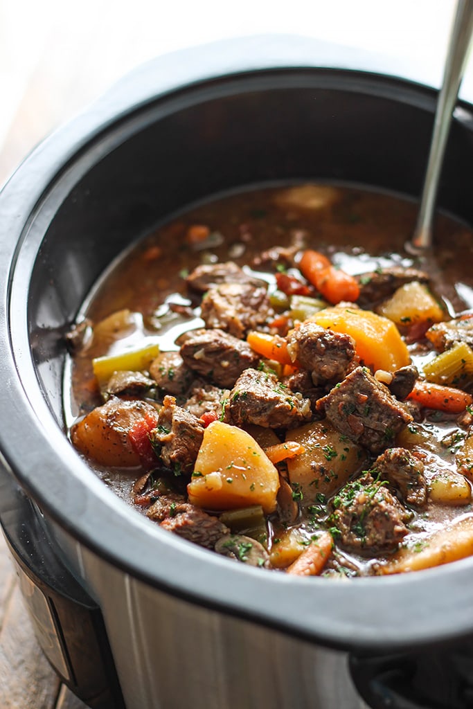 A hearty slow cooker beef stew with fall-apart, tender chuck roast, potatoes and carrots. A comforting, warm meal perfect for the cold weather.