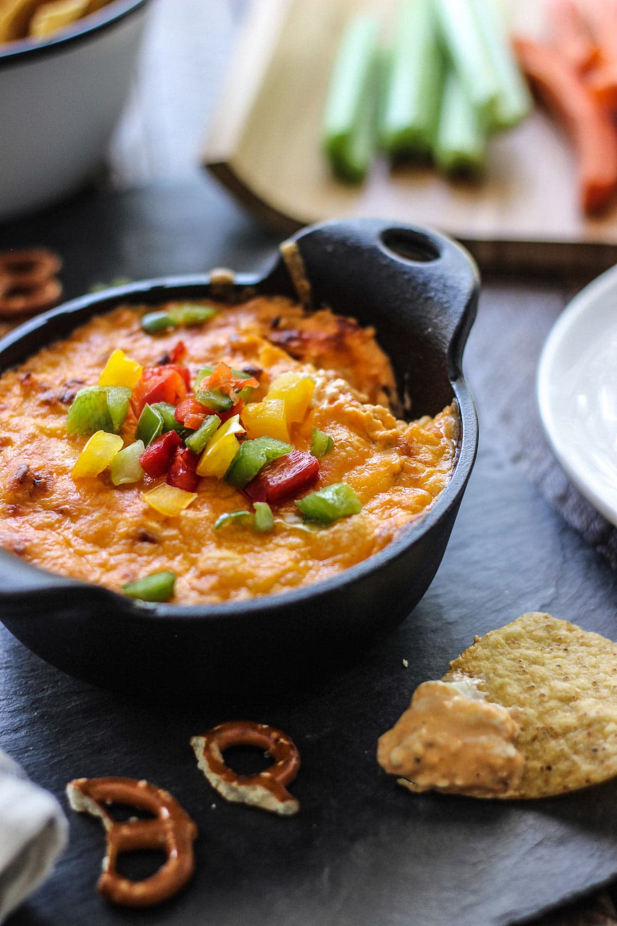 Game day food for Super Bowl, chips with buffalo chicken dip and