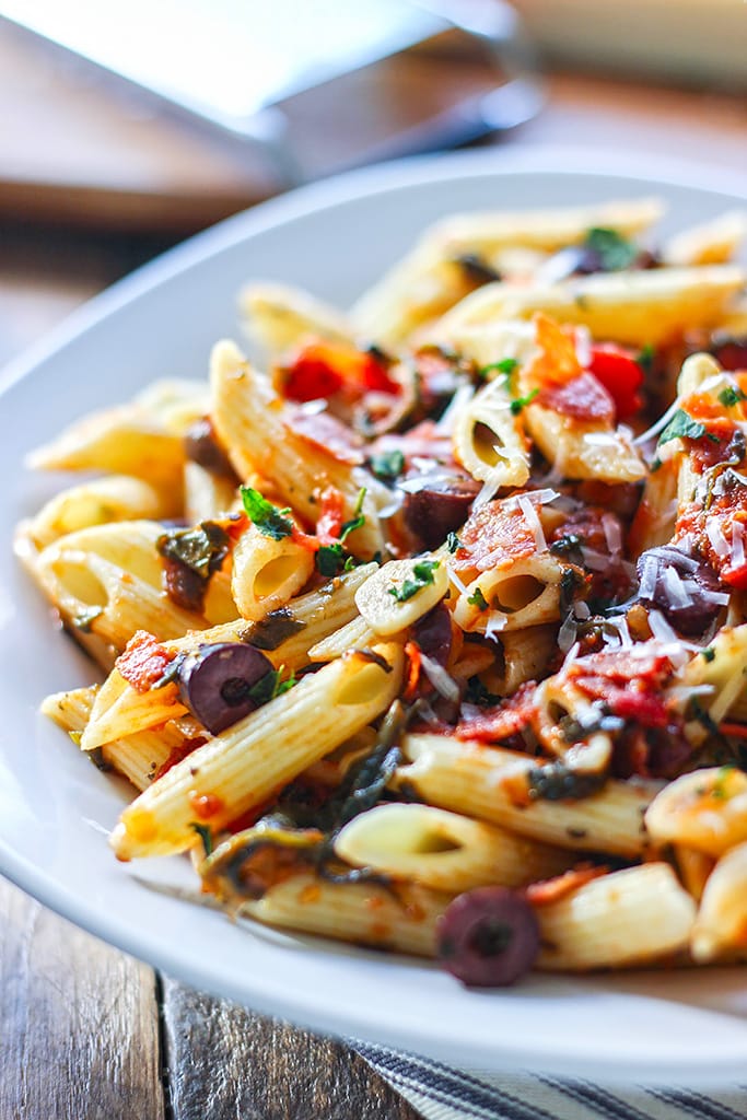 A full and hearty meal, this hot pepperoni and olive penne pasta is easy to make and easy to build on to add more flavor!