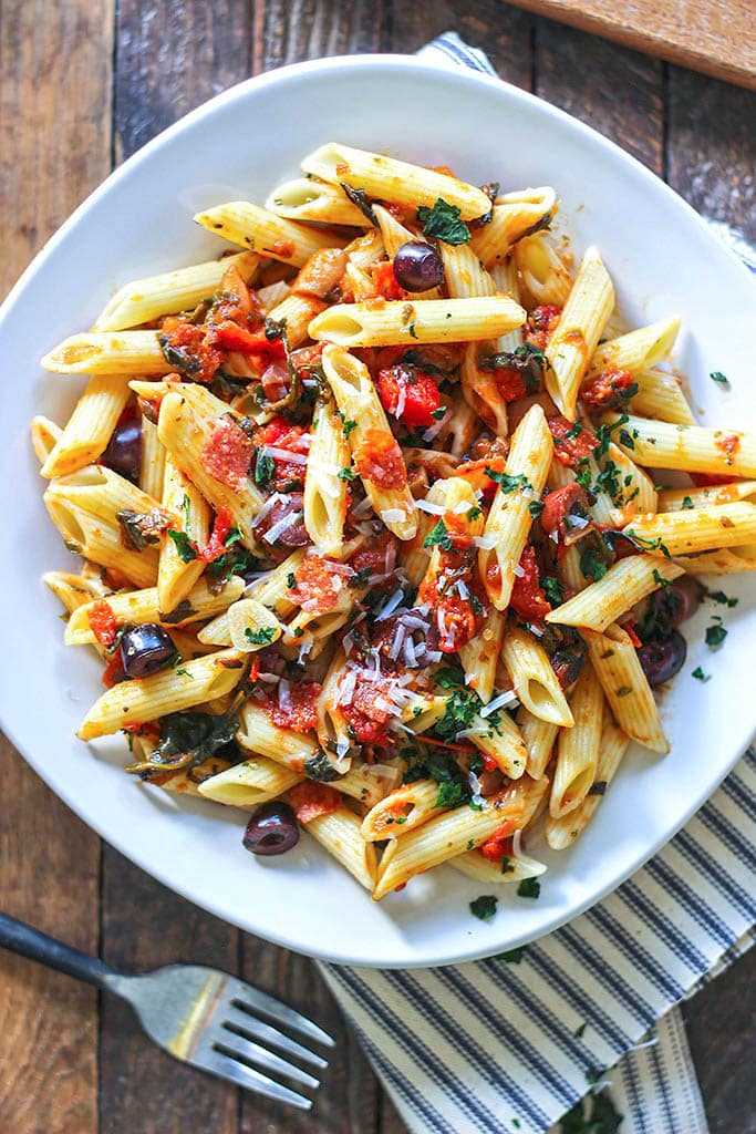 A full and hearty meal, this hot pepperoni and olive penne pasta is easy to make and easy to build on to add more flavor!