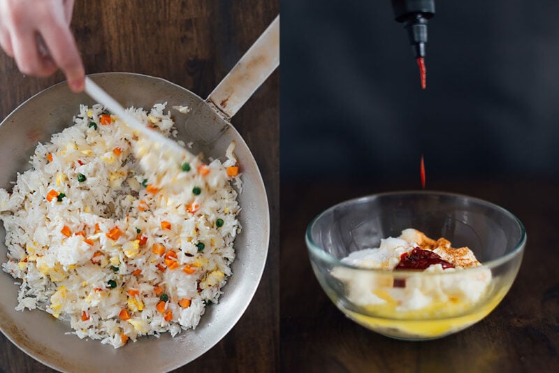 Two images side by side of fried rice in a wok and sriracha sauce poured into a bowl of ingredients.